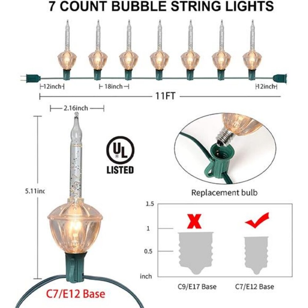 Christmas Bubble Lights 11 Ft Bubble String Lights with 7 Bubble Light Bulbs - Picture 2 of 8